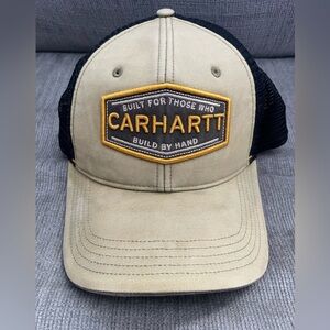 Carhartt "Built By Hand" Trucker Hat 🧢 Tan & Black Mesh Snapback Distressed